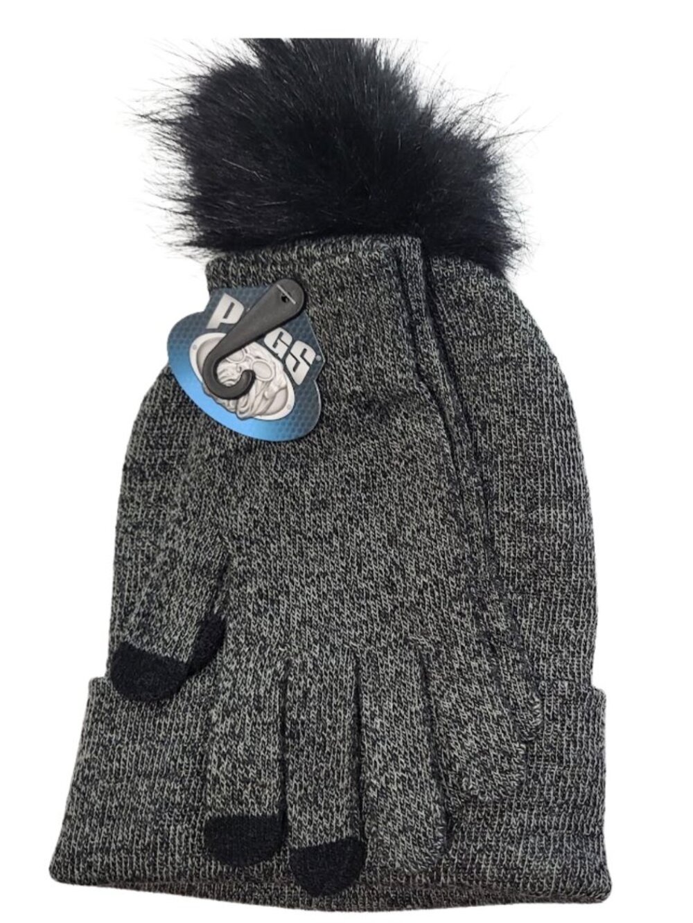 Pugs NWT Chenille Black & White Pom-Pom Knit Beanie & Glove Set Women's OS